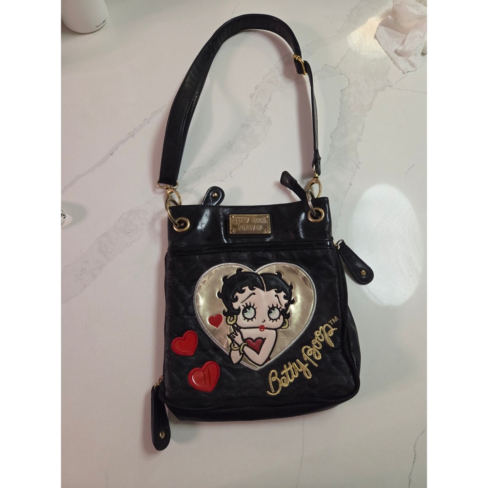 Betty Boop Forever Black Faux Leather Crossbody Bag Heart Embroidery Gold Tone